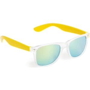 A pair of sunglasses with a clear frame and yellow arms featuring mirrored lenses.