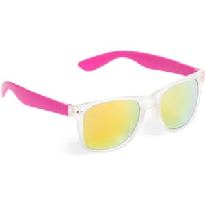 Harvey Sunglasses with clear frames and pink arms featuring reflective, gradient lenses in yellow and green hues.