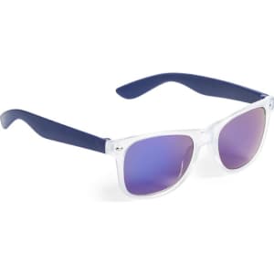 A pair of sunglasses featuring a transparent frame and navy blue arms with purple gradient lenses.