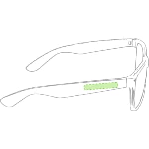 A pair of sunglasses featuring a green accent on the temple and a simple, modern design.