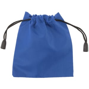 A blue drawstring bag with a gathered top and black cord for closure, featuring a simple design.