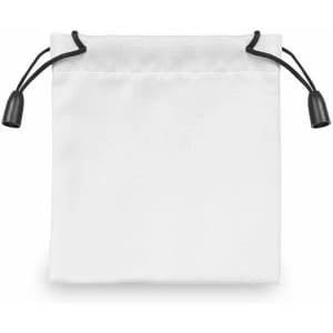 A white drawstring bag with black cords and toggle ends, featuring a simple and clean design.