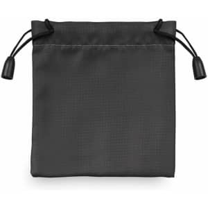 A drawstring bag in black with toggle closures at the top and a simple texture. It features a logo.