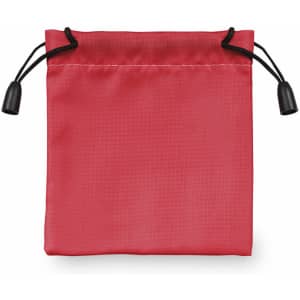 A drawstring bag in vibrant red with black drawcords and toggle ends, featuring a smooth texture and minimal design.
