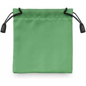 A green drawstring bag with black cord and toggle closures, featuring a smooth, textured surface.