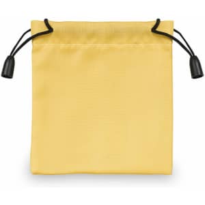 A yellow drawstring bag with black toggles and a textured surface. It features branding on the front.