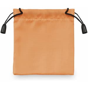 An orange drawstring bag with a black cord and toggle, featuring a simple, clean design.