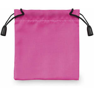 A pink drawstring bag with black drawcords and stoppers, featuring a smooth fabric texture.