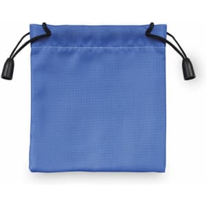 A blue drawstring bag made of fabric, featuring dual drawstrings and toggles for closure.