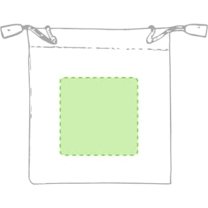 A drawstring bag in a light colour featuring a blank green square in the centre and a logo at the top.