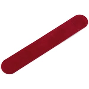 A red velvety pen pouch with rounded ends and a smooth finish, featuring a discreet logo.