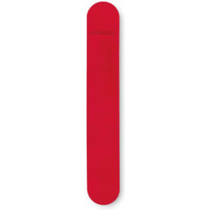 A red Velvex pen pouch with a sleek, elongated design and a concealed opening at the top.