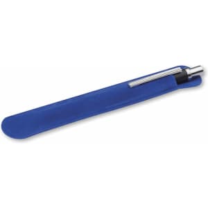 A blue pen pouch with a silver pen inside, featuring a simple design and a logo.