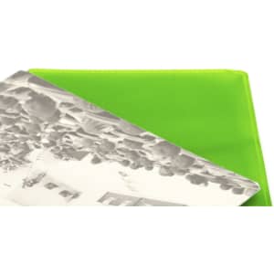 A bright green Kazak card holder with a textured surface, partially displaying a black and white photo.