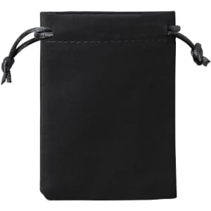 A black drawstring bag made from soft material, featuring a cinch closure at the top and no visible branding.