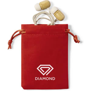 A red drawstring bag containing wooden earbuds and featuring a logo on the front.