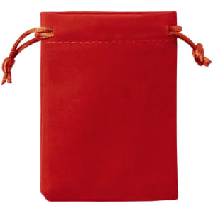 A red velvet drawstring bag with an orange cord, featuring a smooth texture. It has a simple, unadorned design.