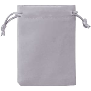 A grey drawstring bag made of soft material with a simple design and a logo on the front.