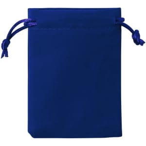 A blue drawstring pouch with a smooth surface and matching ties. It has a logo visible on the front.