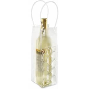 A drink bottle is enclosed in a transparent cooler bag with hexagonal patterns and two white handles.