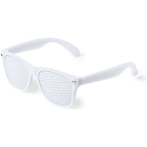 A pair of white novelty glasses with perforated lenses and a simple frame. Features a logo on the side.