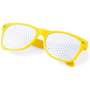 Yellow novelty glasses with white perforated lenses, suitable for fun and games. Includes a logo on the frame.
