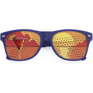 Sunglasses with a blue frame featuring a sunset and cocktail graphic in the lenses.