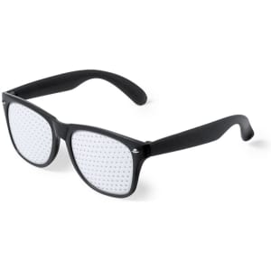 A pair of novelty black glasses with dotted opaque lenses, featuring a simple design and a logo on the frame.