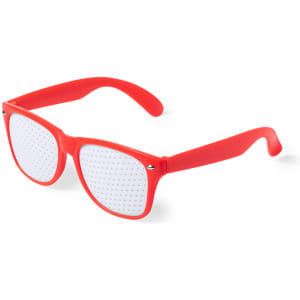 Red novelty glasses with patterned lenses, designed for fun and games, featuring a solid frame and arms.