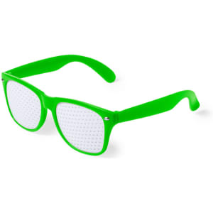 Green novelty glasses with a perforated lens design, featuring a logo on the frame.