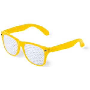 Yellow novelty glasses with white perforated lenses, featuring a logo on the arm.