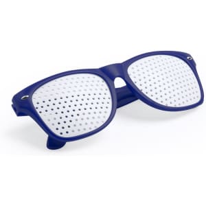 Novelty glasses with a blue frame and white perforated lenses, featuring a logo. Perfect as a fun accessory.