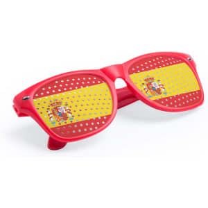 Novelty glasses with red frames featuring a design of the Spanish flag and perforated lenses.