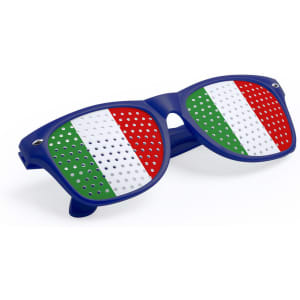 Novelty glasses featuring a design of the Italian flag in green, white, and red. The frame is blue and contains holes.