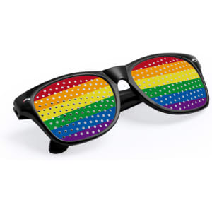 Rainbow striped novelty glasses with perforated lenses, featuring vibrant colours in horizontal bands.