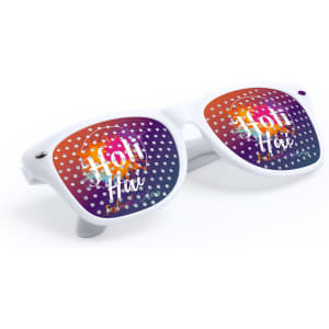 A pair of novelty sunglasses with a white frame and a vibrant, multicoloured lens design featuring polka dots.