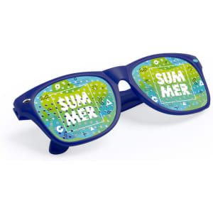 Novelty glasses in navy blue featuring colourful, patterned lenses with vibrant summer-themed designs.