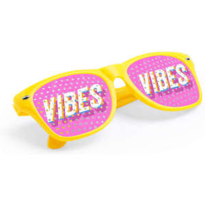 Yellow novelty sunglasses with pink lenses featuring the word "VIBES" in a bold design.