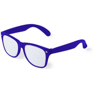 Purple novelty glasses with perforated lenses, featuring a playful design and a logo on the side.