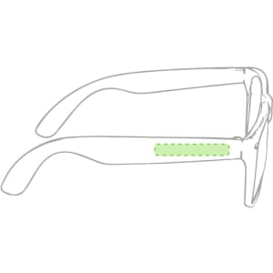 A pair of novelty glasses with a transparent frame and a green accent on the side.