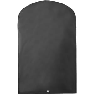 A black garment bag with a smooth finish and a rounded top. It features a logo on the lower part.
