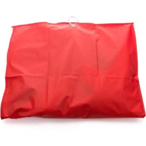 A red garment bag with a hook at the top and a simple design, featuring a logo.