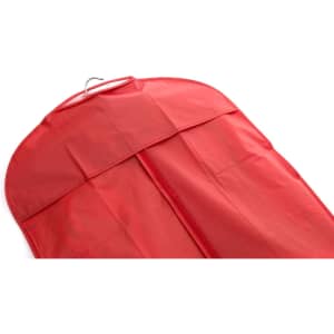A red garment bag with a hanging hook and a zippered opening, designed for carrying clothing.
