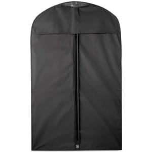 A black garment bag with a rounded top and zip closure, featuring a logo. Ideal for storage and travel.