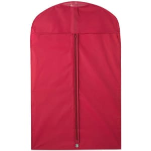 A red garment bag with a zippered closure and a hanging hook at the top, featuring a logo.