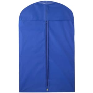 A blue garment bag featuring a zipper and a rounded top, designed for storing and transporting clothing.