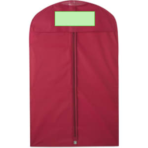A maroon garment bag featuring a zip closure and a transparent name tag area at the top. It has a logo.