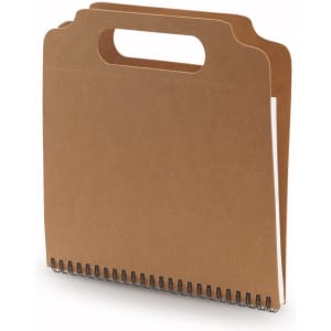 A brown notepad with a handle and spiral binding, featuring multiple pages inside.