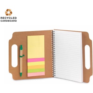 A recycled cardboard notepad featuring a spiral binding, a blank page, and colourful sticky notes with a pen.