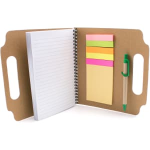 A notepad with lined pages, sticky notes in pastel colours, and a green pen, all within a cardboard cover.